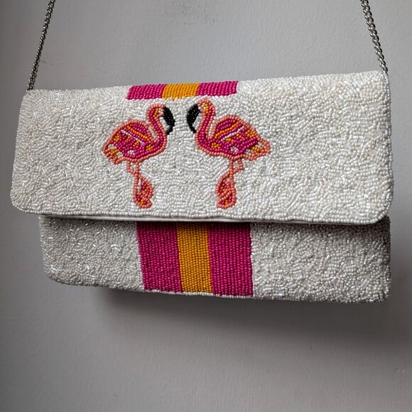 Flamingo Beaded Clutch Beaded Crossbody Tropical Vacation Beachy Colorful Purse - Picture 1 of 9